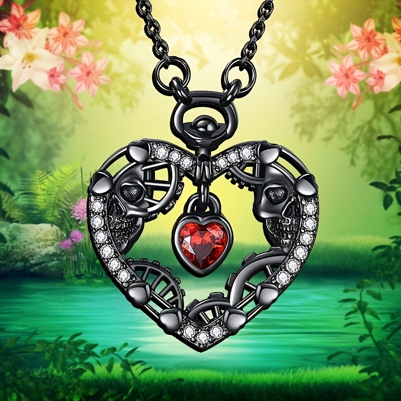 Steampunk Skull Necklace Heart Ruby Pendant Necklace